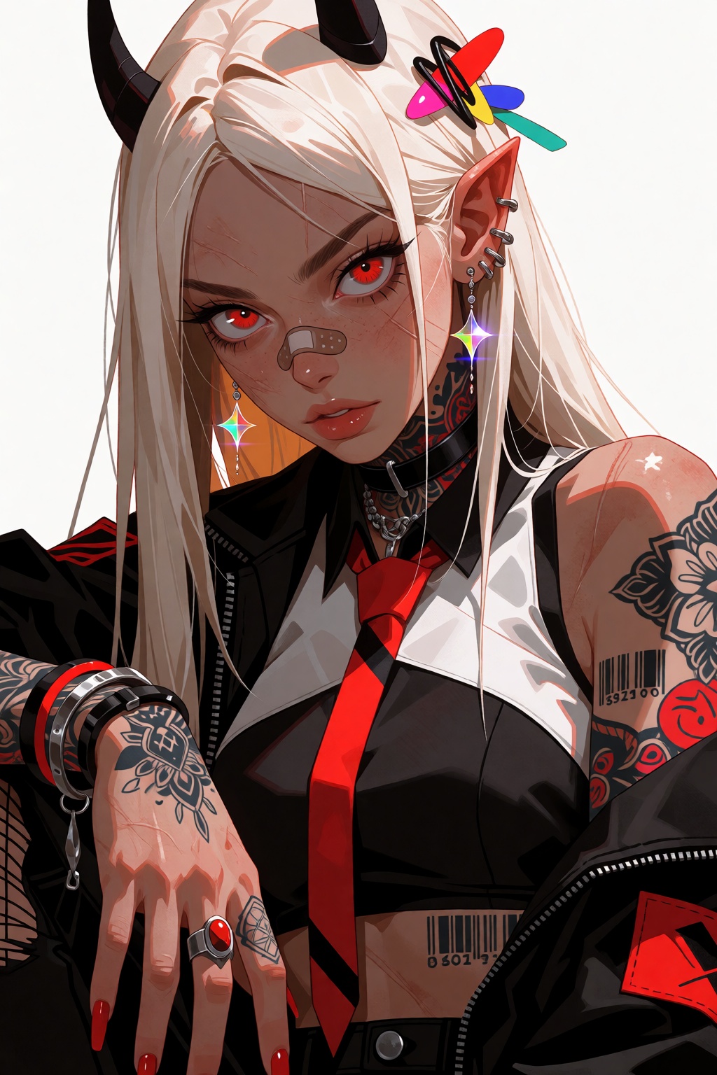 A digital illustration shot from a portrait angle captures a stylized portrait of a woman with an edgy aesthetic,  her fac...
