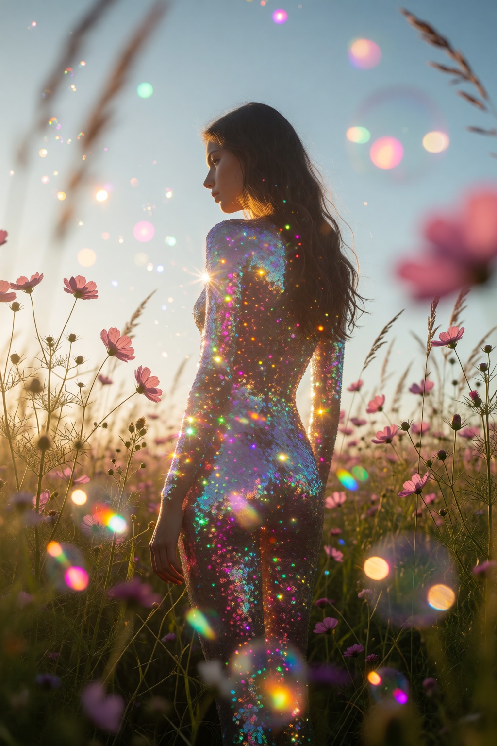 A slender woman standing in profile amid a sunlit wildflower meadow,  seen from behind and slightly to the side with her h...