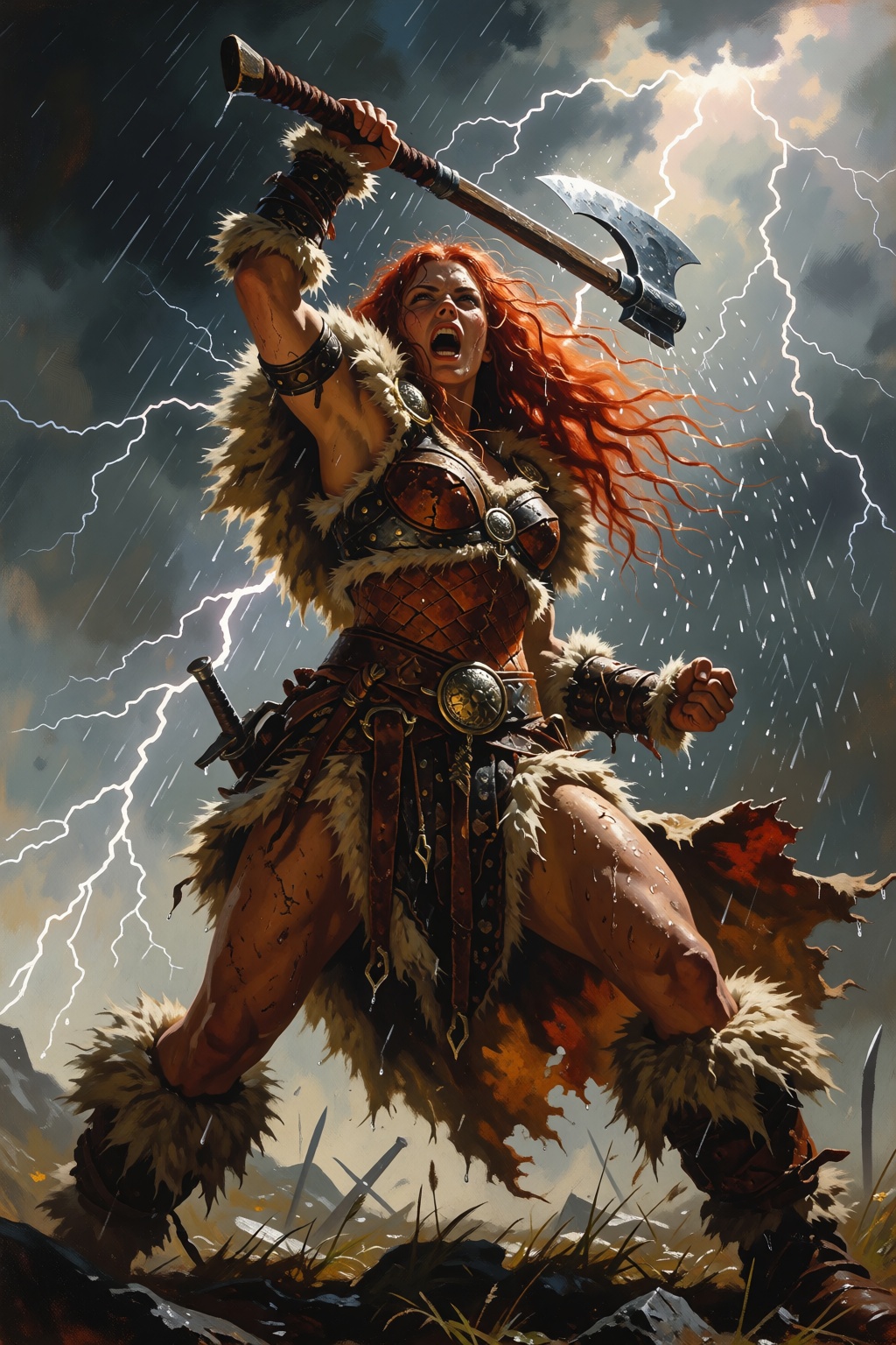 A lone warrior princess stands in an extreme powerful pose,  her muscular form captured with raw power and visual impact t...