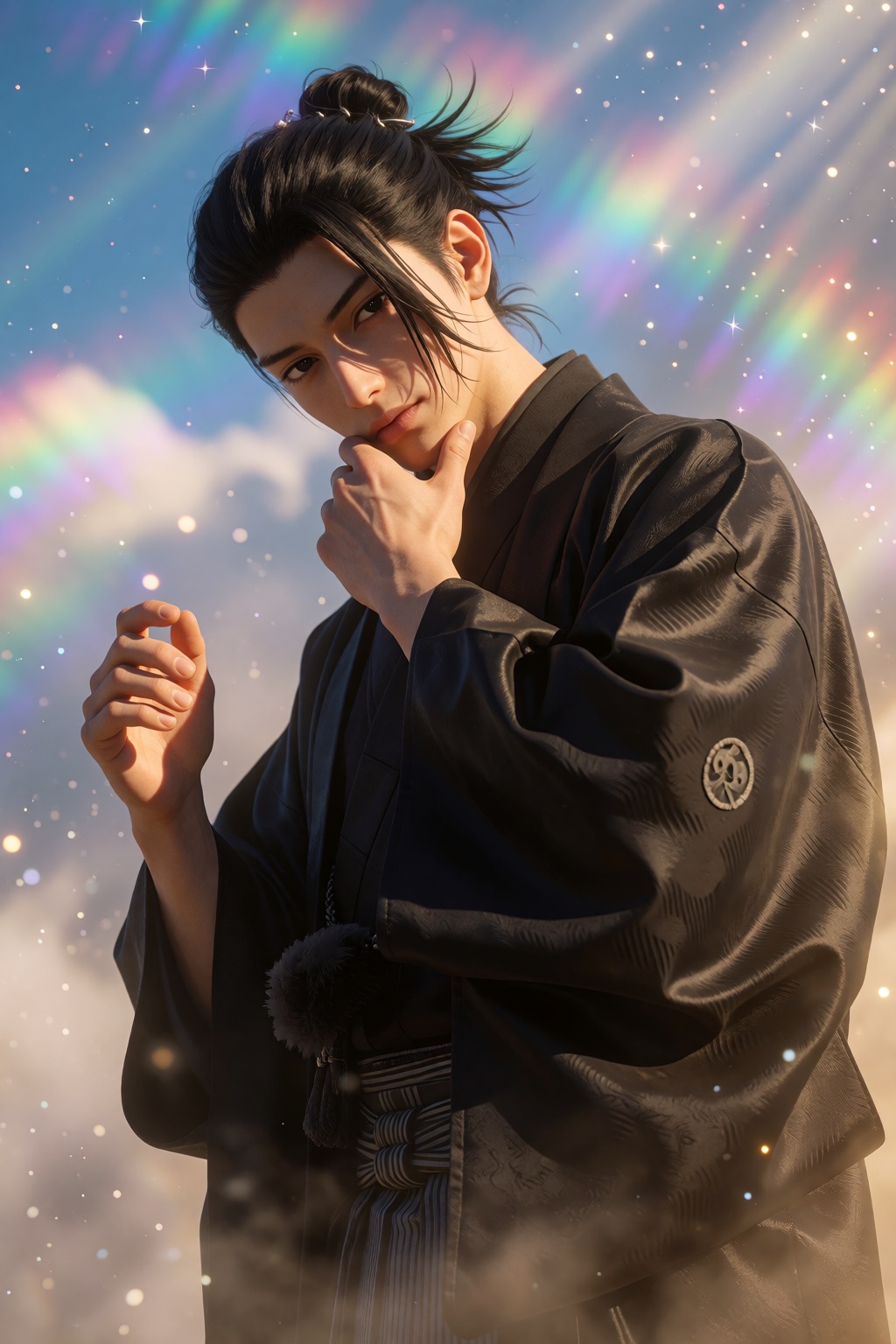 A masterfully rendered portrait captures Getou Suguru from Juvenile Kaisen,  standing in a dynamic cowboy shot with wide s...