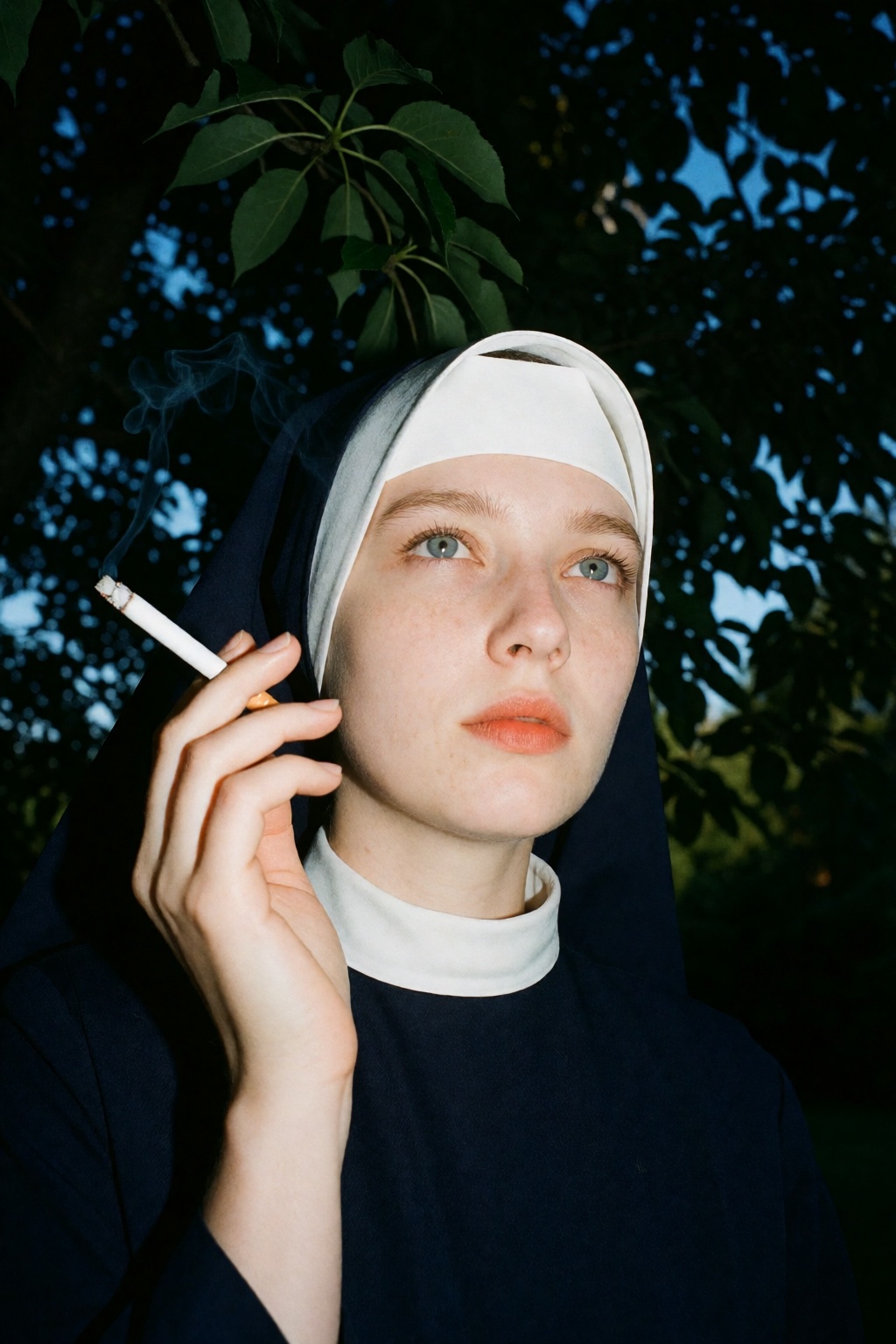 Photograph,  close-up vertical outdoor portrait,  candid analog snapshot style with harsh direct flash on Tensor.Art