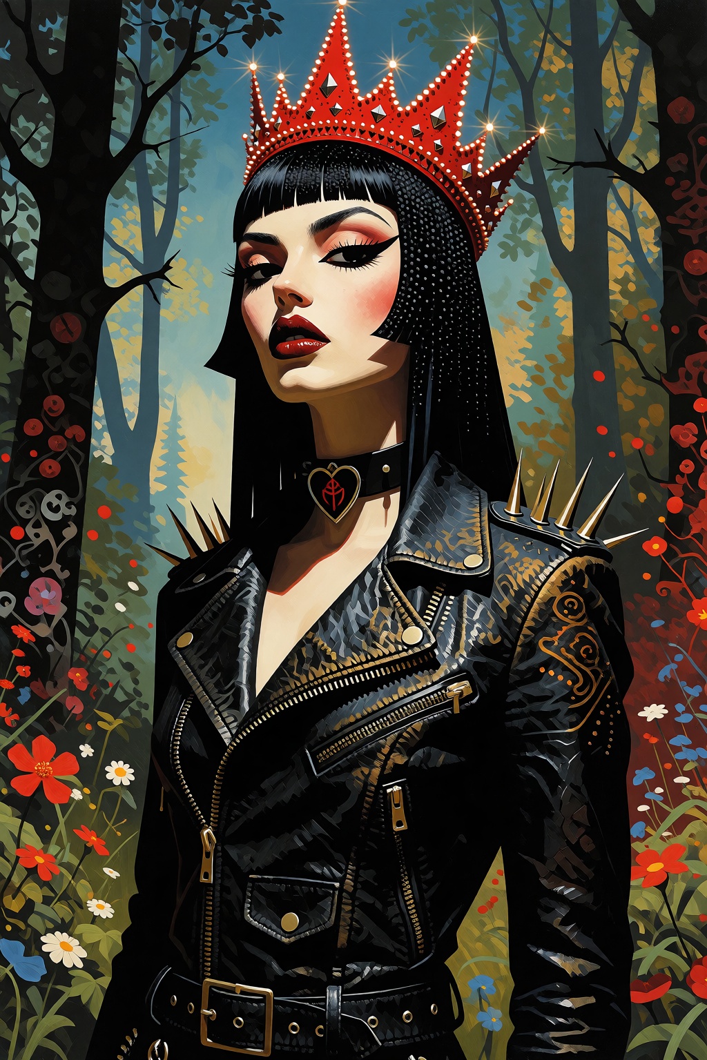 A striking 8K illustration depicts The Illustrated Punk Queen,  a solo figure standing with confidence in a mystical fores...