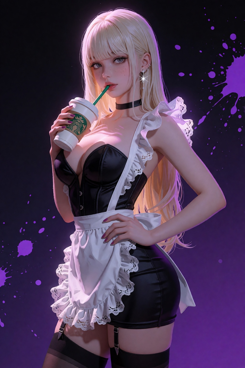 A 1girl stands centered in a stylized digital illustration shot from a side angle,  her perfect body captured with hyperse...