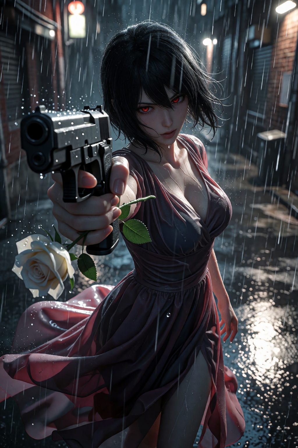 A single woman stands in a dynamic,  extreme perspective shot,  her body angled forward as she holds a handgun steady and...