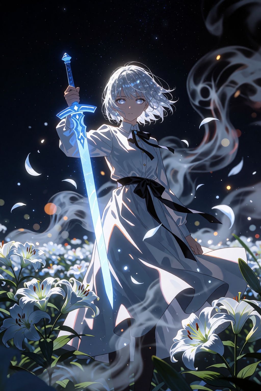 A lone figure,  a 1girl with short silver hair that catches the moonlight like spun starlight,  stands centered in this et...