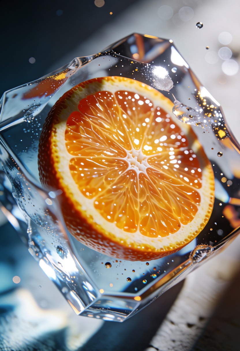 3D render,  realistic,  shining orange slice inside faceted ice cube on Tensor.Art