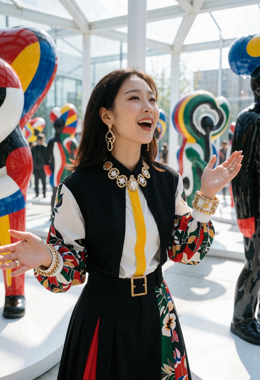 Create a photo of a 23-year-old Korean woman standing in front of a modern art installation during the day. She is dressed...