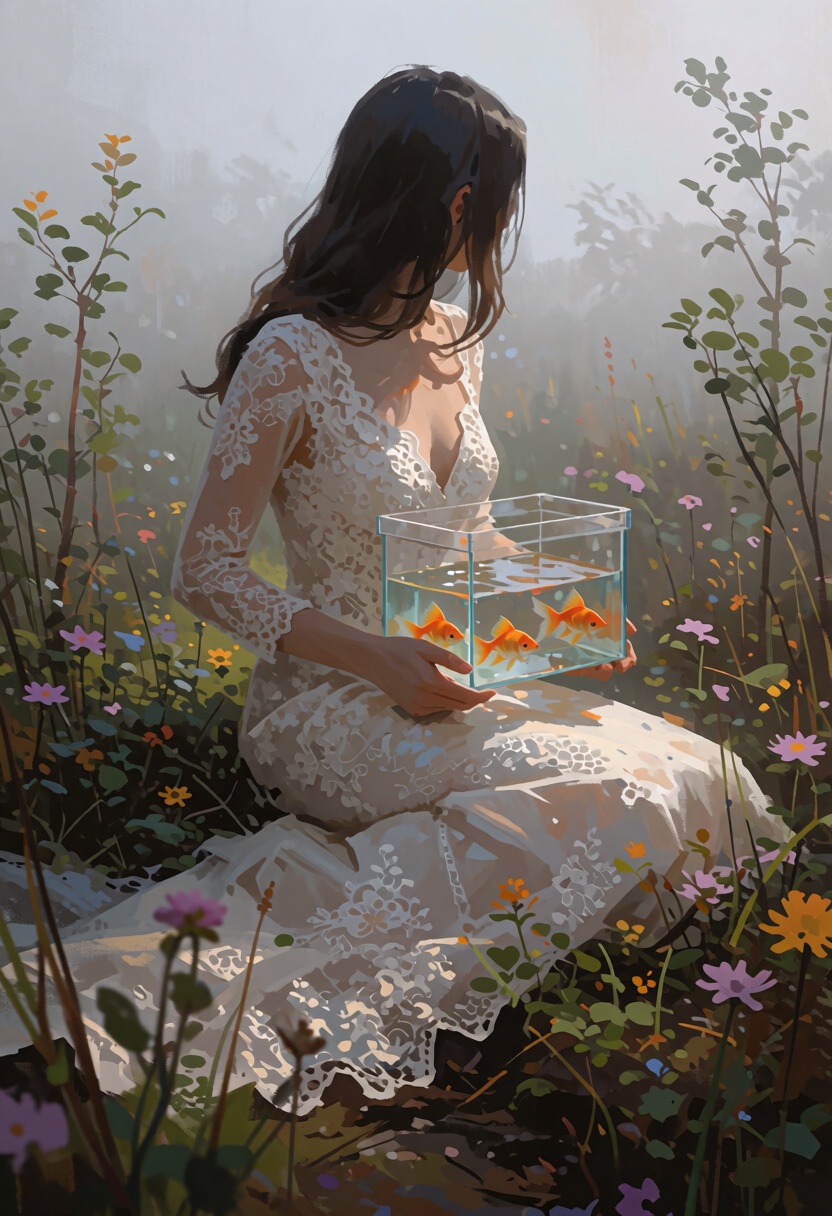 digital paint of a person sitting in lace wedding dress and holdint a **** with gold fish in a natural setting,  likely a...