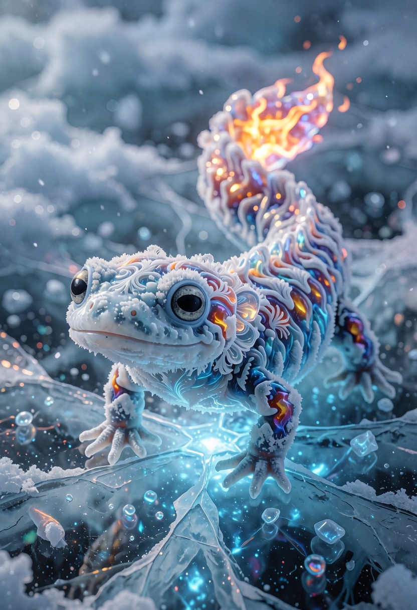 An adorable,  hyper-stylistic ice salamander stands on a sheet of cracked ice,  its body a mesmerizing fusion of frosty bl...