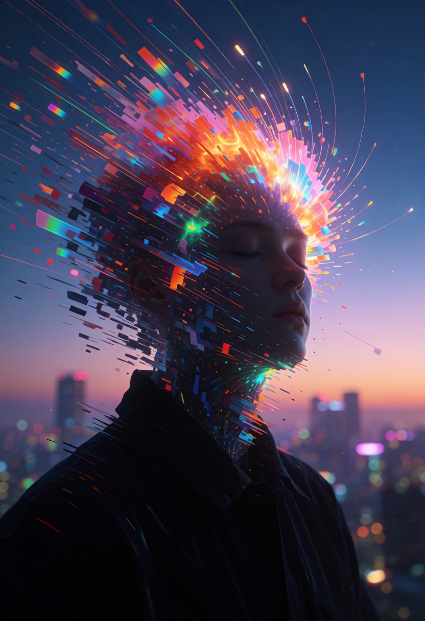 A surreal and glitch-inspired depiction of a figure with their head dissolving into a vibrant explosion of colorful light...