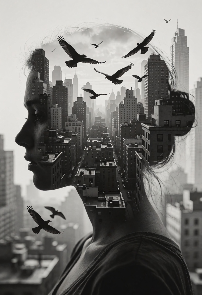 silhouette of a woman head,  within which there appears to be a cityscape with buildings. (birds FLY BETWEEN BUILDINGS,  I...