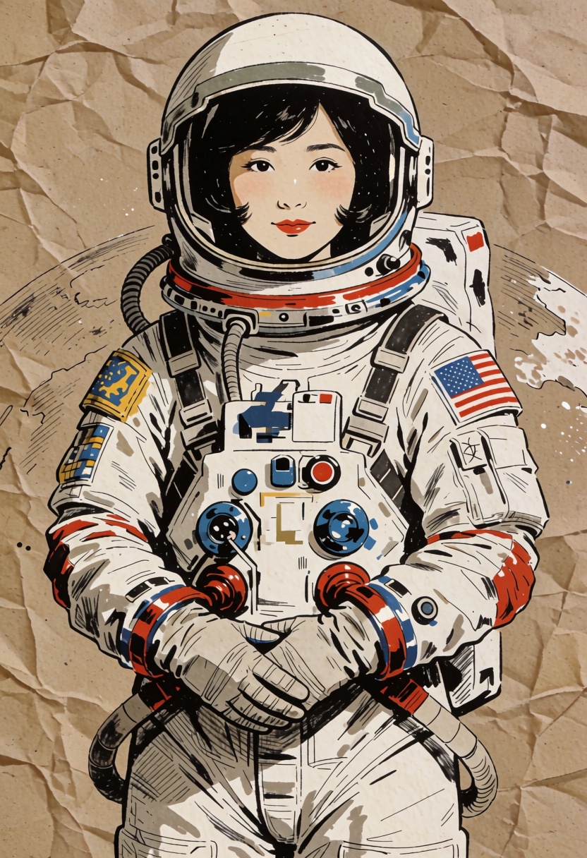 illustration of beautiful Japanese woman 1960s Astronaut in style of ink sketch on construction paper. ((intricate paper t...