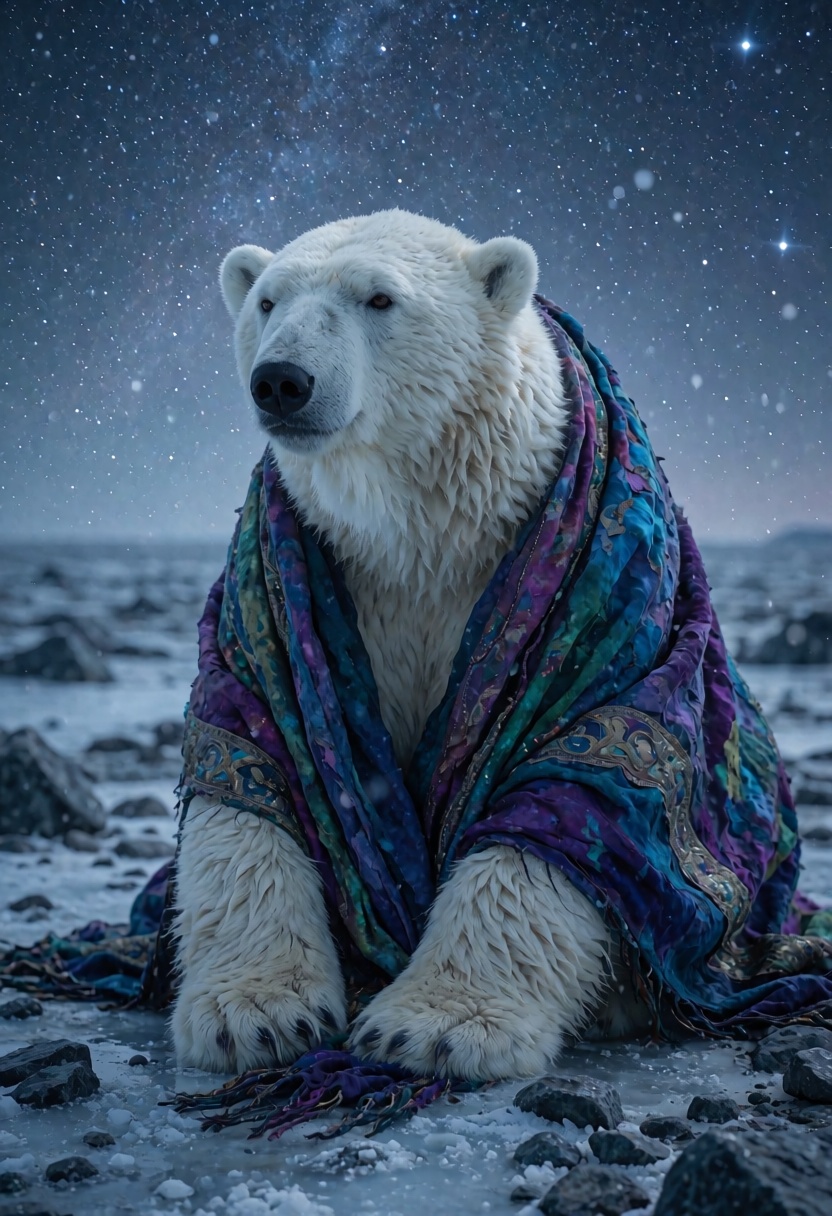 In this captivating realistic shot,  an anthropomorphic polar bear dressed in a richly textured,  jewel-toned shawl sits c...
