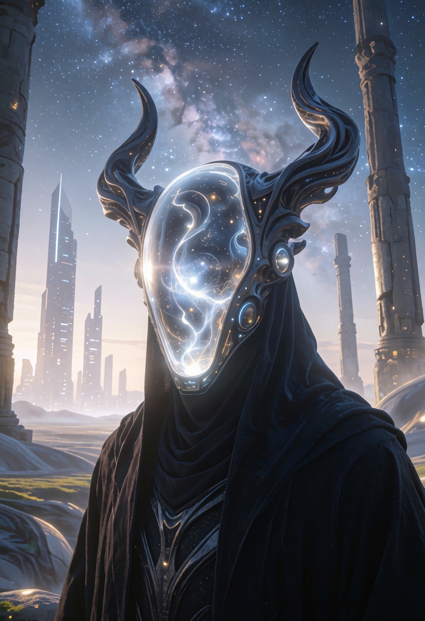 Cinematic,  futuristic scene featuring a close-up portrait of a mysterious figure wearing a dark,  flowing robe. The figur...