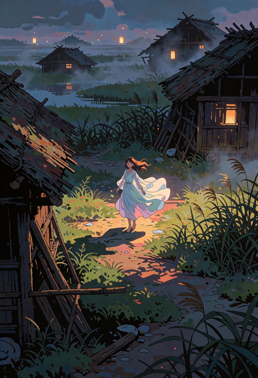 anime style,  2d,  An atmospheric anime of a beautiful woman wearing etheral dresss on Tensor.Art