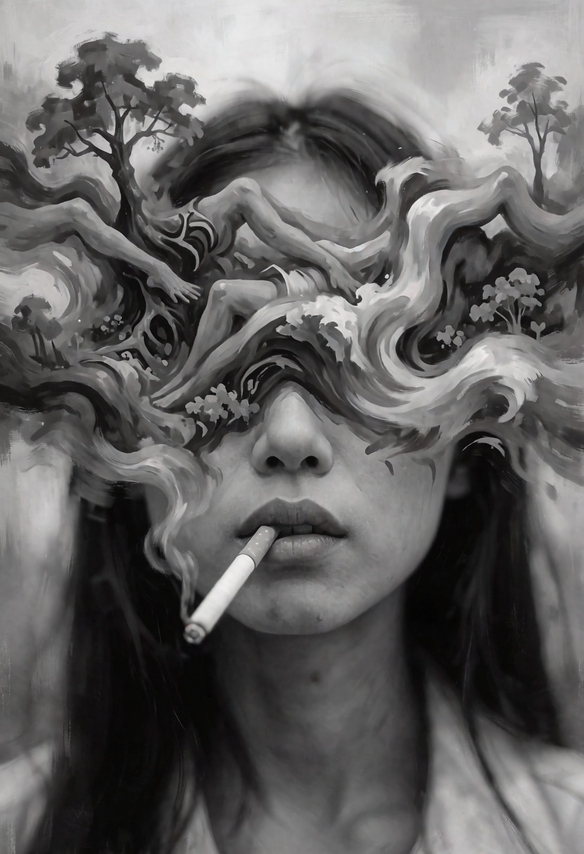 A surreal artwork showing a asian woman face with a cigarette in their mouth. upper face is obscured by what looks like a...