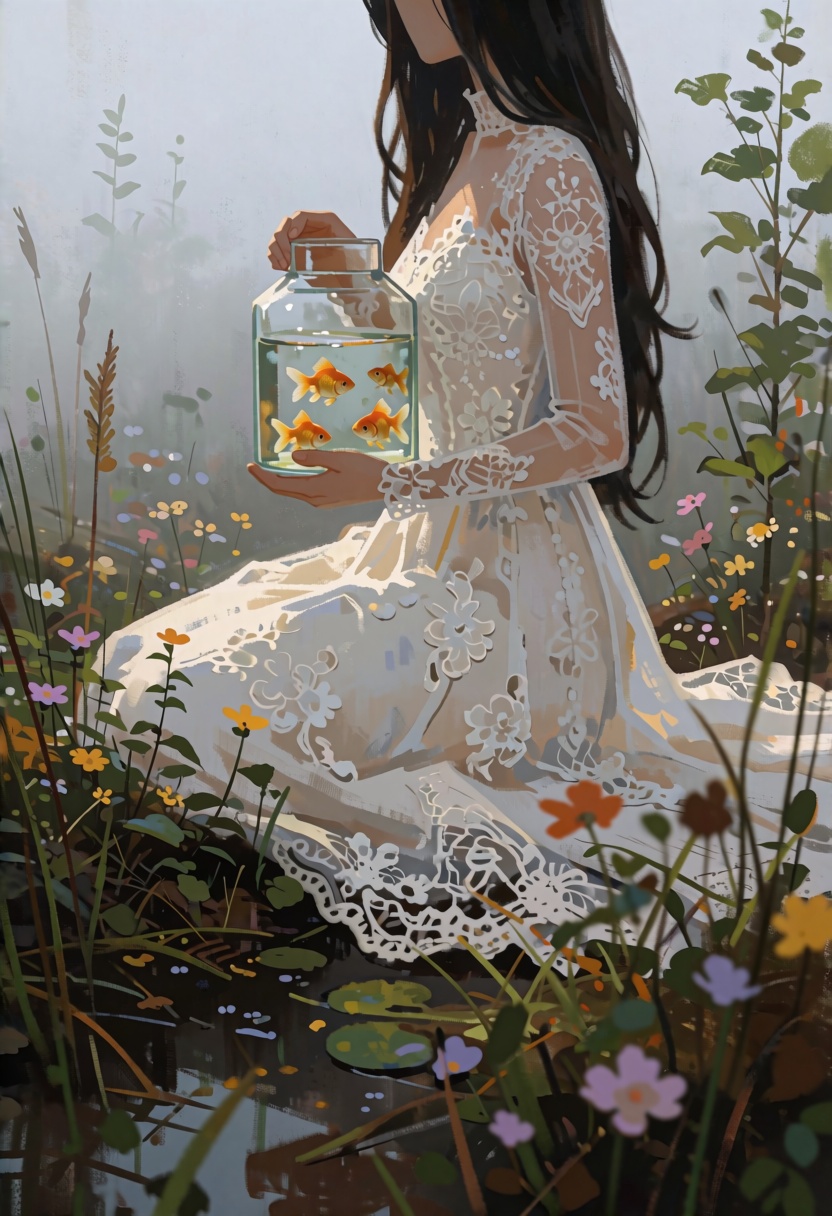 digital paint of a person sitting in lace wedding dress and holdint a **** with gold fish in a natural setting,  likely a...