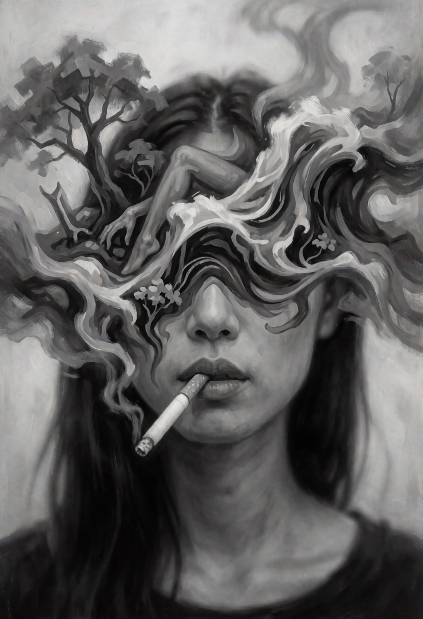A surreal artwork showing a asian woman face with a cigarette in their mouth. upper face is obscured by what looks like a...