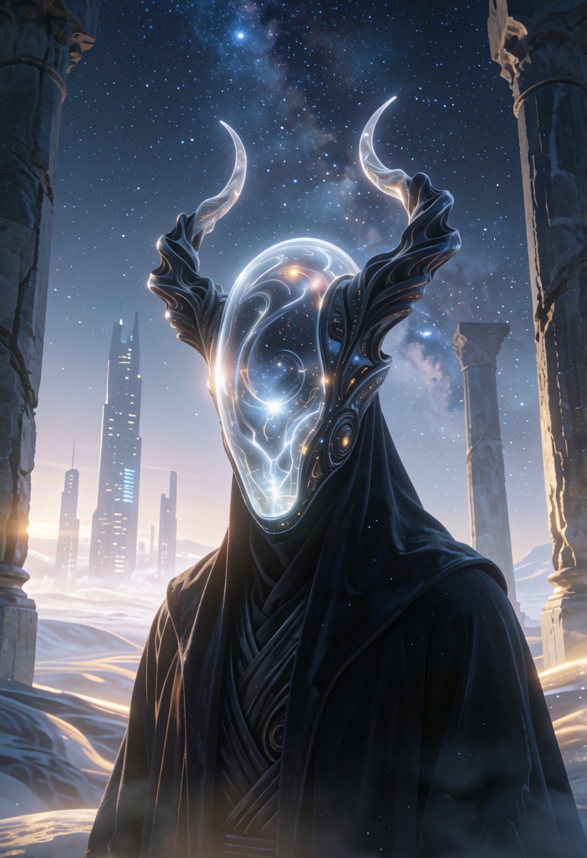 Cinematic,  futuristic scene featuring a close-up portrait of a mysterious figure wearing a dark,  flowing robe. The figur...