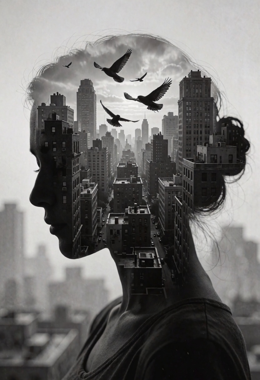 silhouette of a woman head,  within which there appears to be a cityscape with buildings. (birds FLY BETWEEN BUILDINGS,  I...