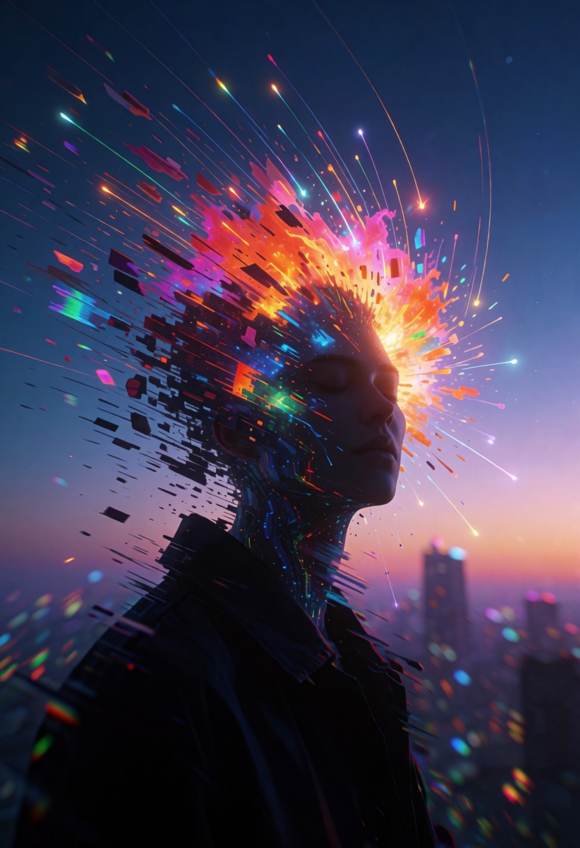 A surreal and glitch-inspired depiction of a figure with their head dissolving into a vibrant explosion of colorful light...