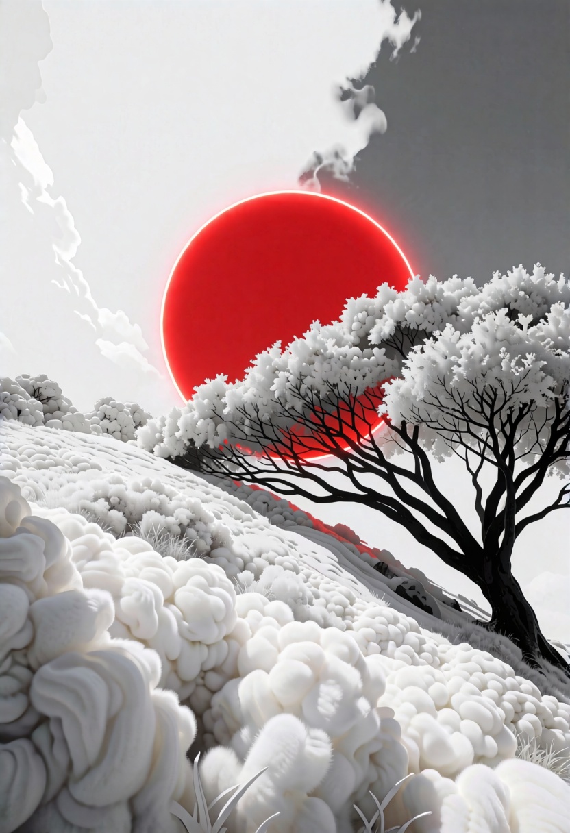 Abstract,  white fleecy hill,  sprawling black and white tree on Tensor.Art