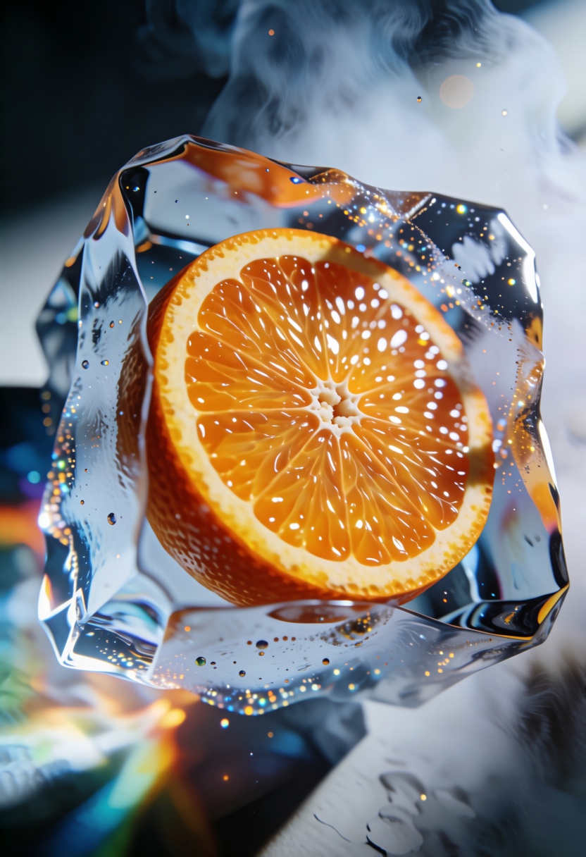 3D render,  realistic,  shining orange slice inside faceted ice cube on Tensor.Art