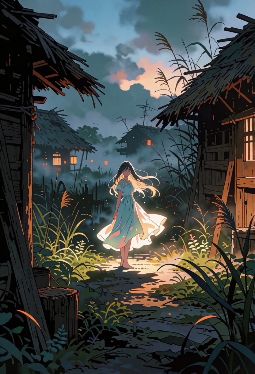 anime style,  2d,  An atmospheric anime of a beautiful woman wearing etheral dresss on Tensor.Art