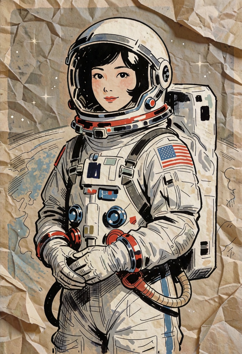 illustration of beautiful Japanese woman 1960s Astronaut in style of ink sketch on construction paper. ((intricate paper t...