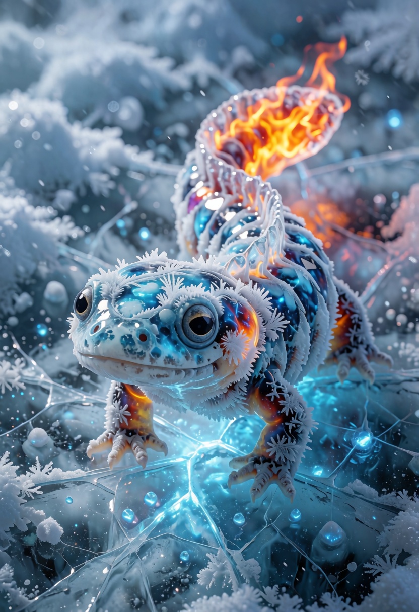 An adorable,  hyper-stylistic ice salamander stands on a sheet of cracked ice,  its body a mesmerizing fusion of frosty bl...