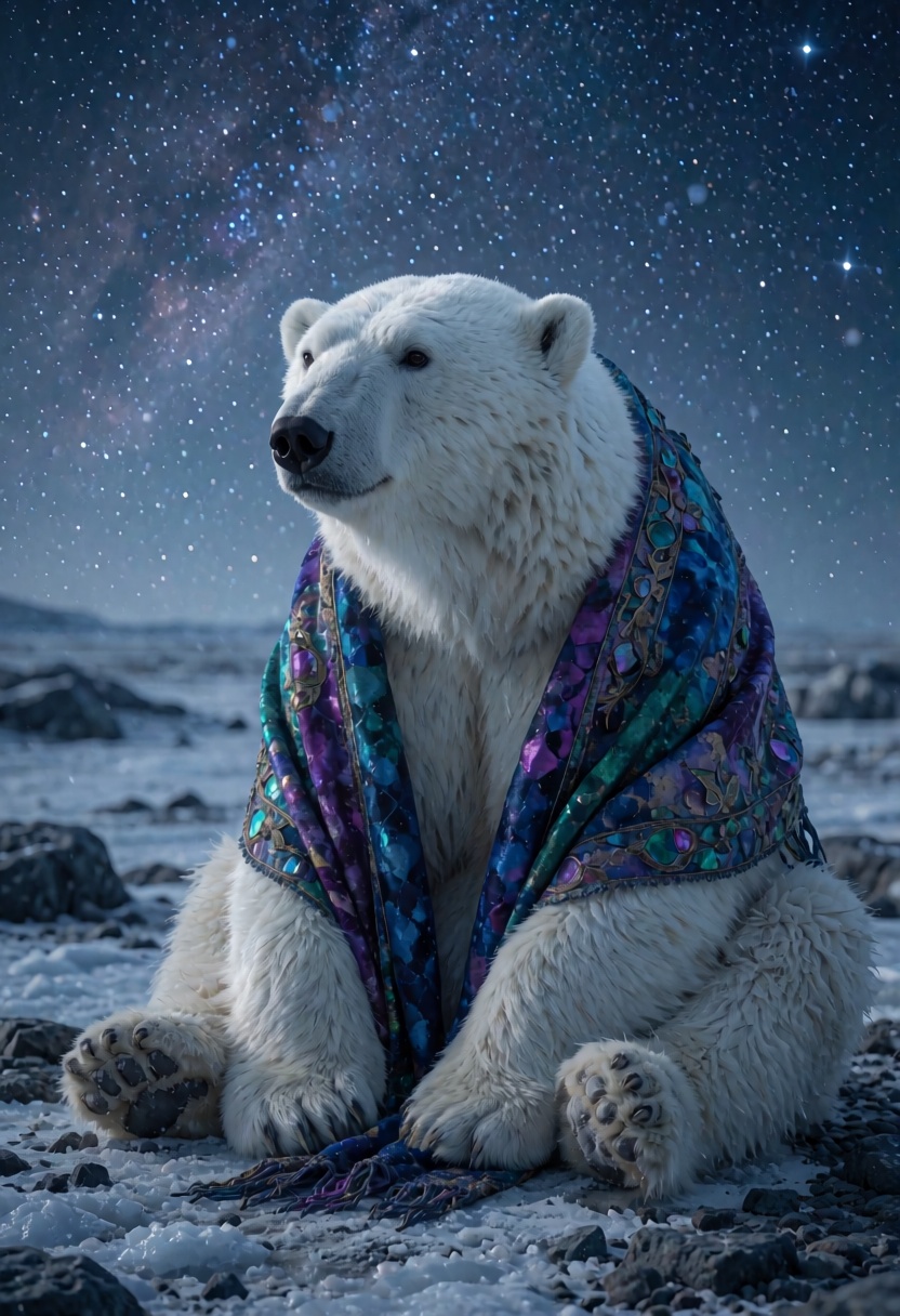 In this captivating realistic shot,  an anthropomorphic polar bear dressed in a richly textured,  jewel-toned shawl sits c...