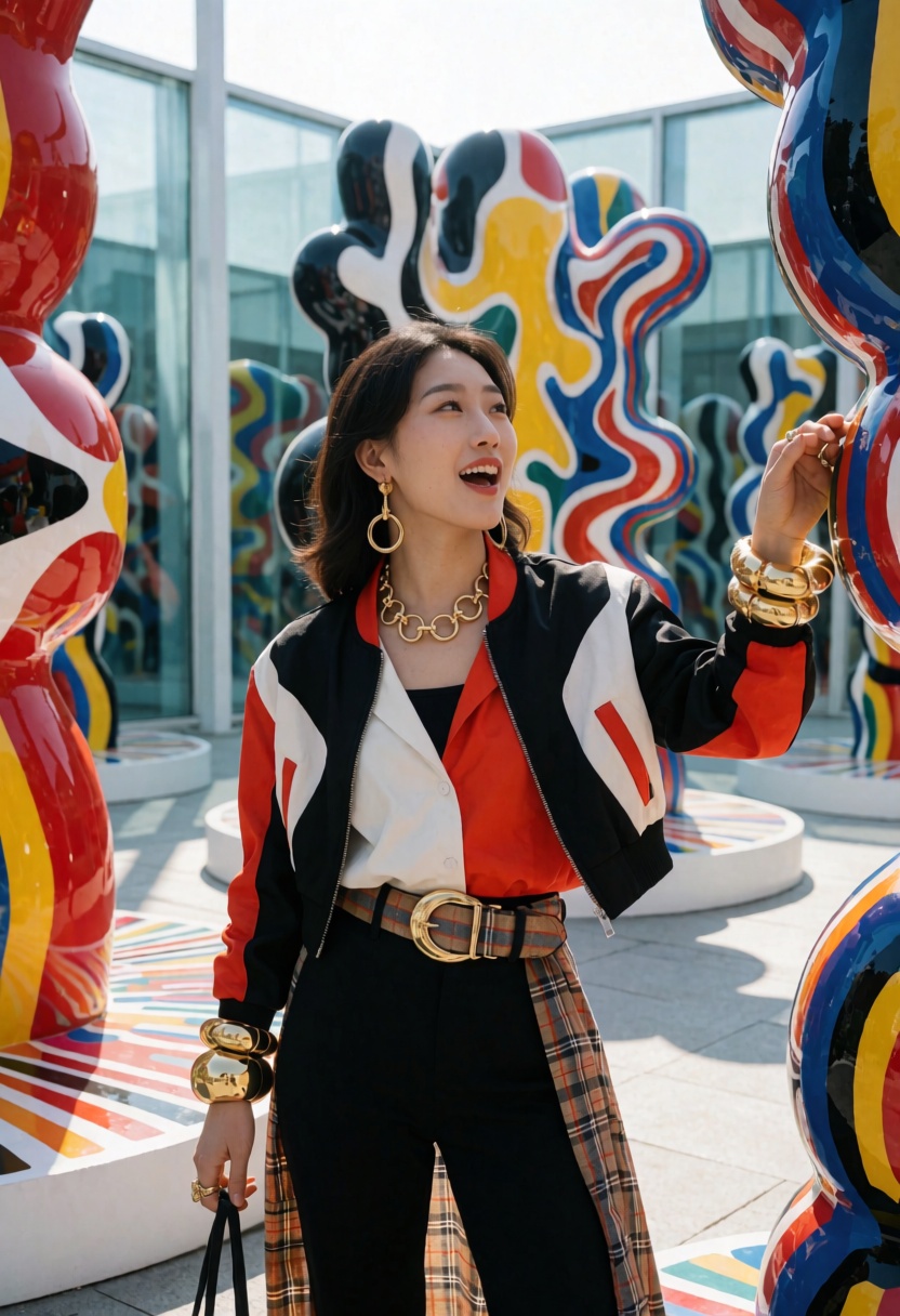 Create a photo of a 23-year-old Korean woman standing in front of a modern art installation during the day. She is dressed...