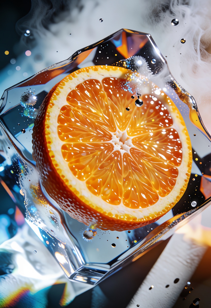 3D render,  realistic,  shining orange slice inside faceted ice cube on Tensor.Art