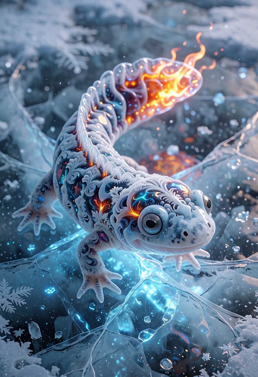 An adorable,  hyper-stylistic ice salamander stands on a sheet of cracked ice,  its body a mesmerizing fusion of frosty bl...