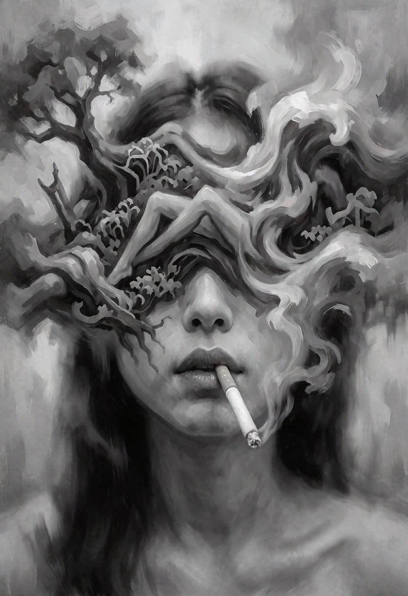 A surreal artwork showing a asian woman face with a cigarette in their mouth. upper face is obscured by what looks like a...