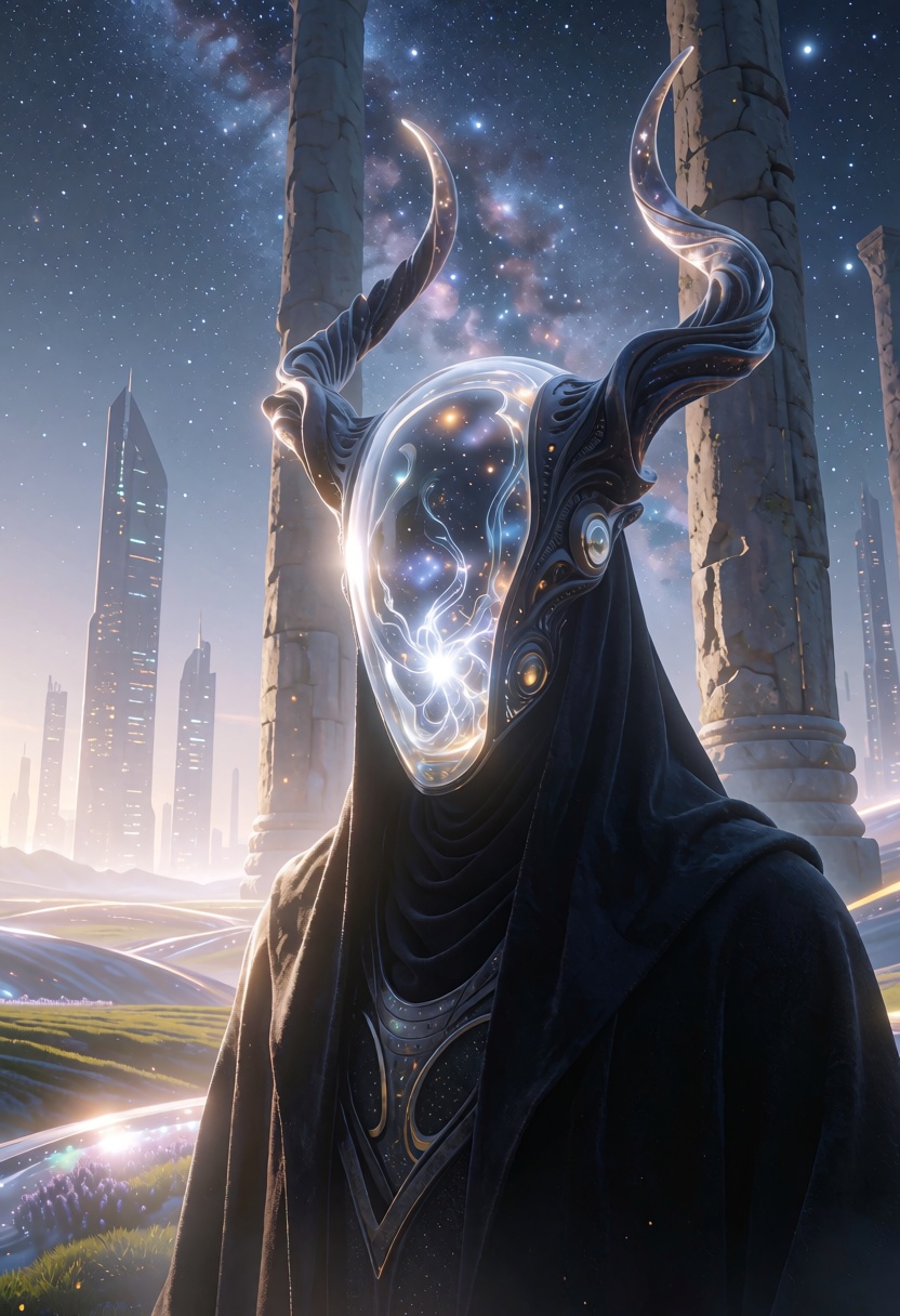 Cinematic,  futuristic scene featuring a close-up portrait of a mysterious figure wearing a dark,  flowing robe. The figur...