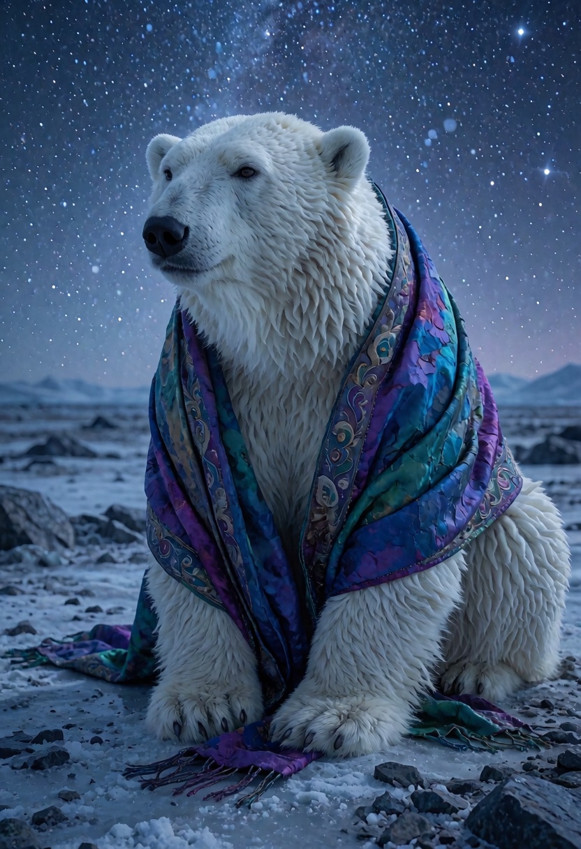 In this captivating realistic shot,  an anthropomorphic polar bear dressed in a richly textured,  jewel-toned shawl sits c...