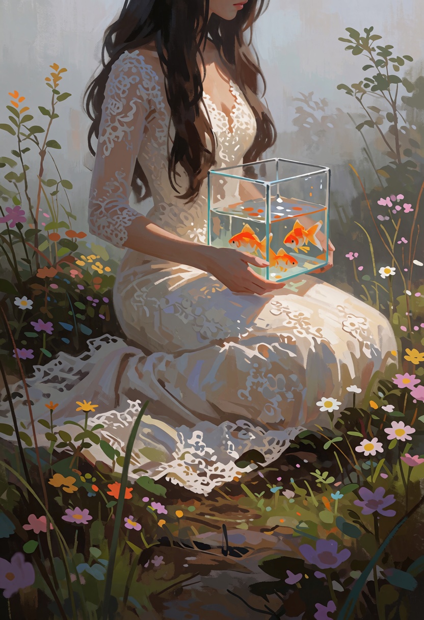 digital paint of a person sitting in lace wedding dress and holdint a **** with gold fish in a natural setting,  likely a...
