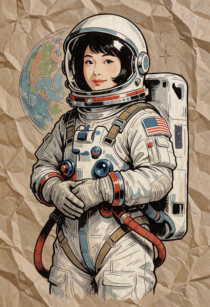 illustration of beautiful Japanese woman 1960s Astronaut in style of ink sketch on construction paper. ((intricate paper t...
