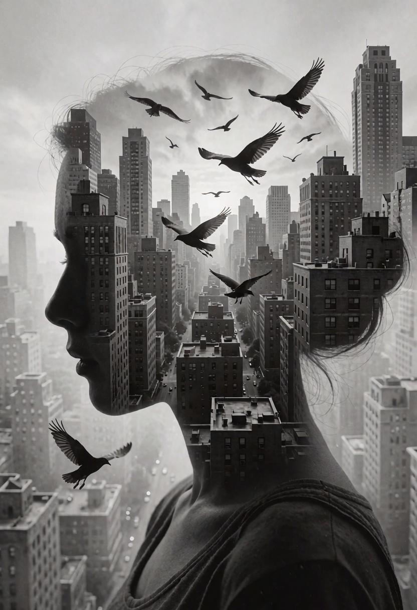 silhouette of a woman head,  within which there appears to be a cityscape with buildings. (birds FLY BETWEEN BUILDINGS,  I...