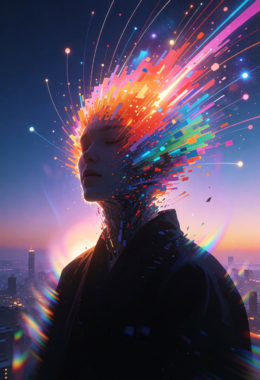 A surreal and glitch-inspired depiction of a figure with their head dissolving into a vibrant explosion of colorful light...