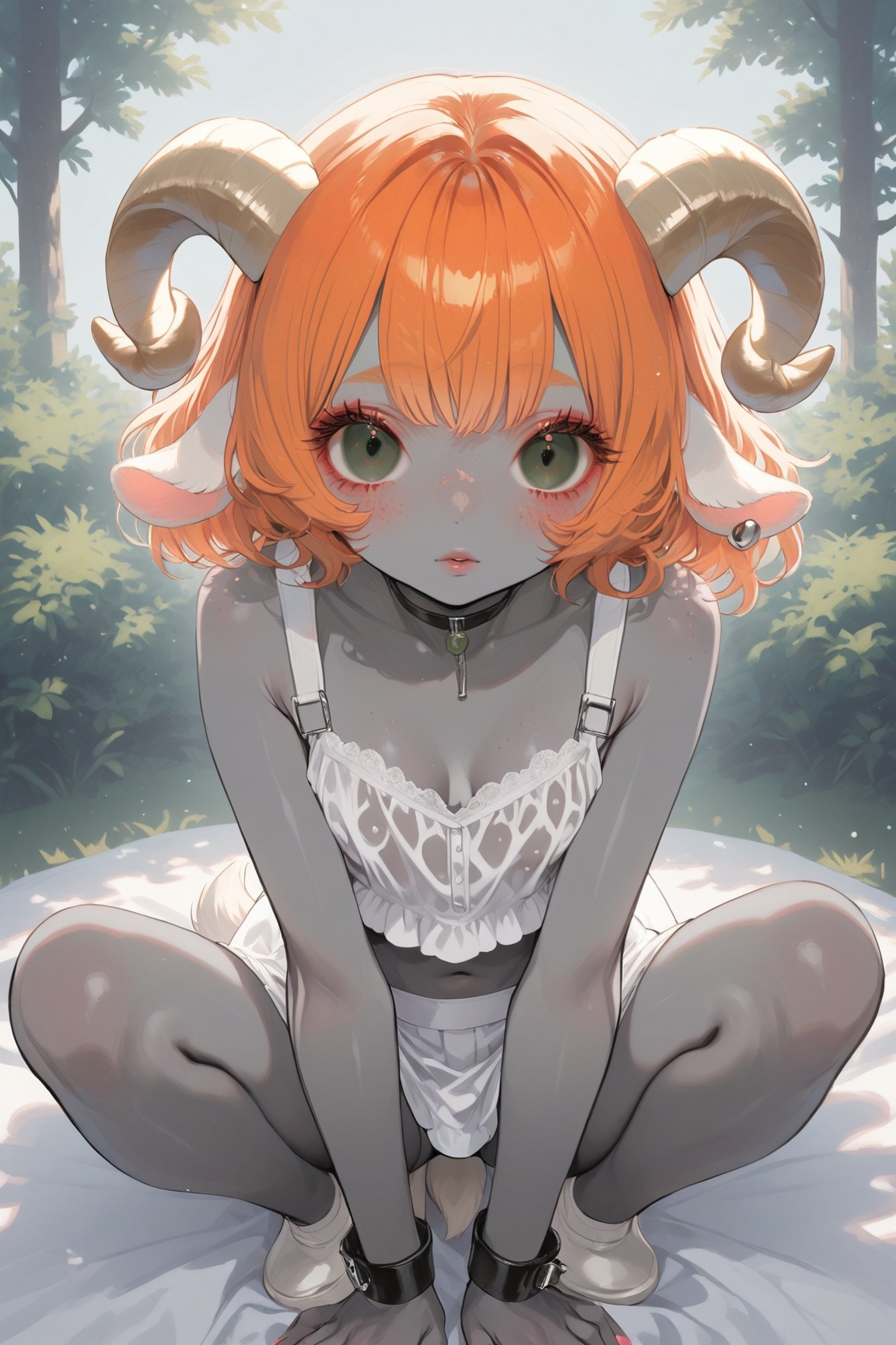 (bright orange hair),  darkish gray skin covered in neon-pink freckles,  ultra-freckled complexion. Small gray skin goat e...