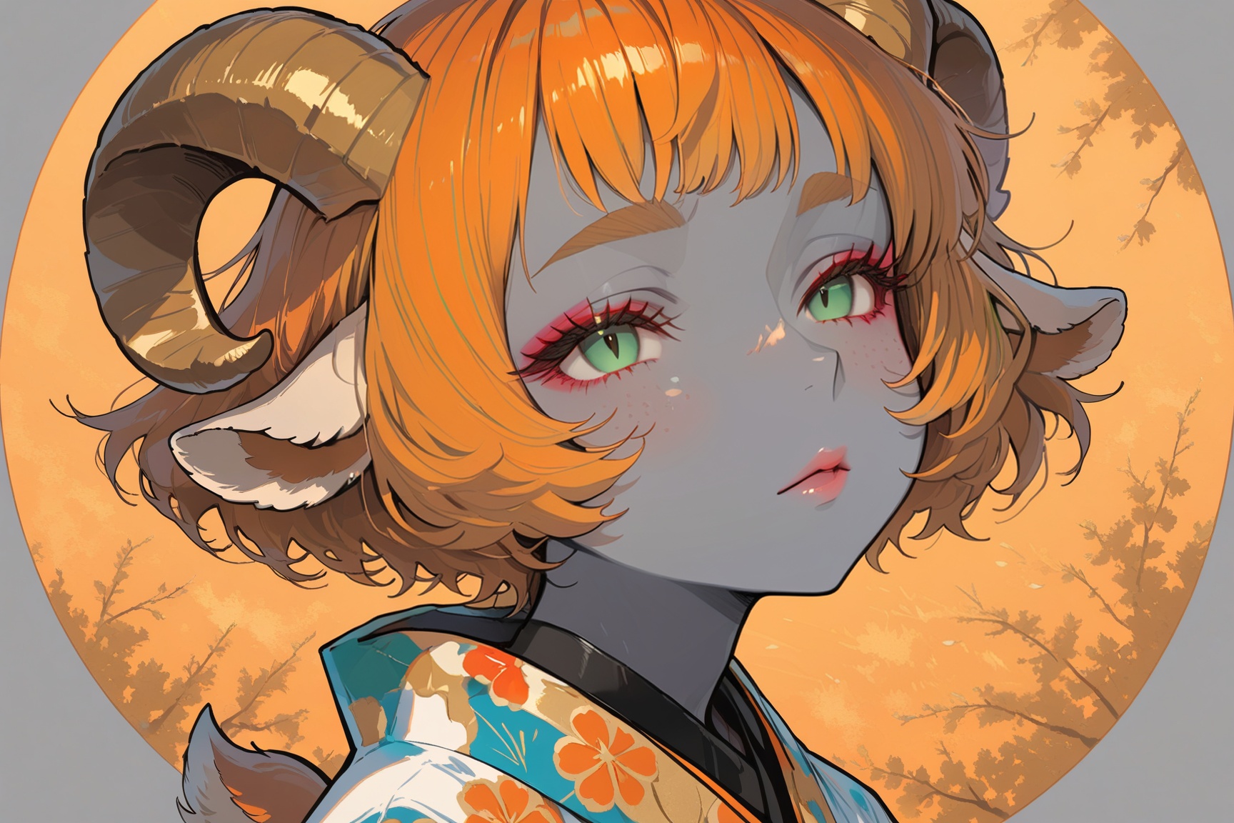 (bright orange hair),  darkish gray skin covered in neon-pink freckles,  ultra-freckled complexion. Small gray skin goat e...