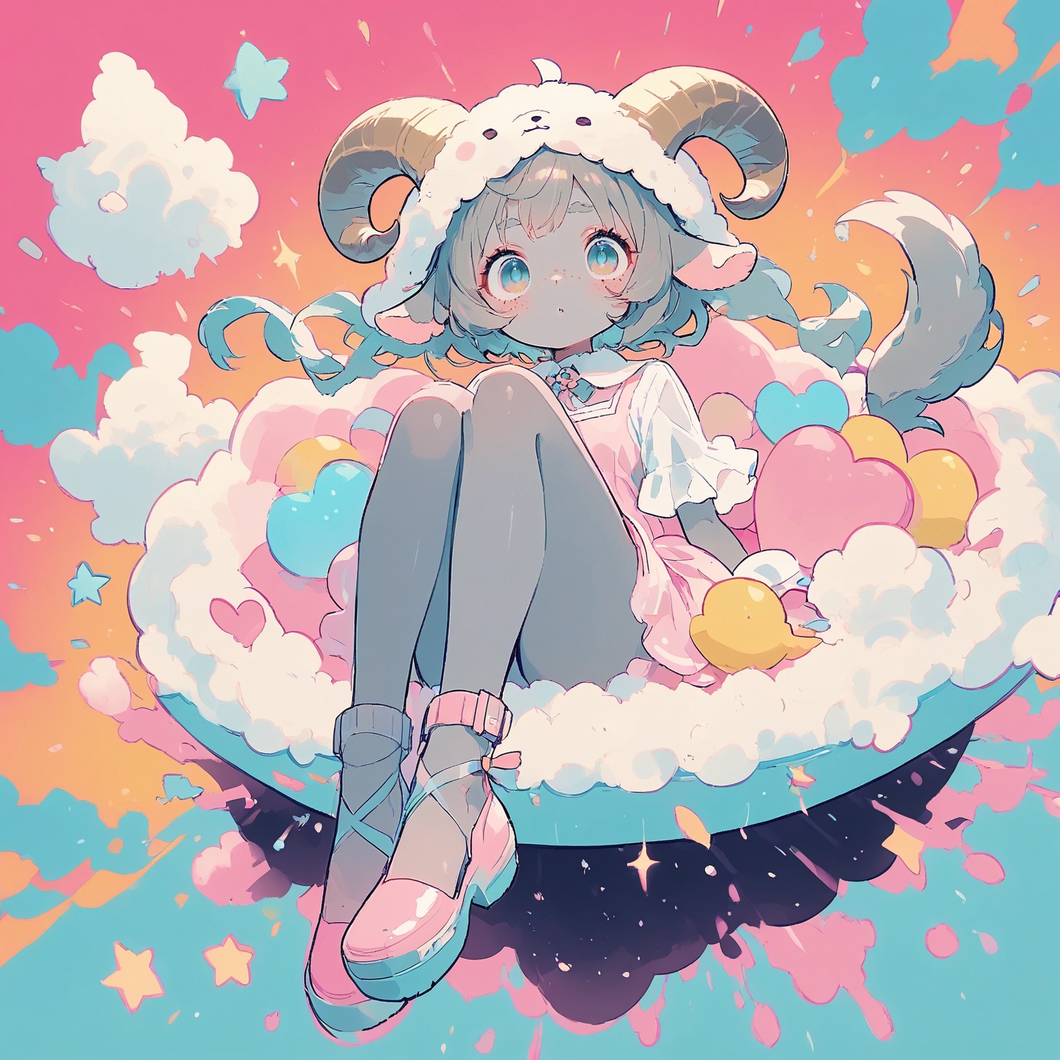darkish gray skin covered in neon-pink freckles,  ultra-freckled complexion. Small gray skin goat ears,  small gray goat t...