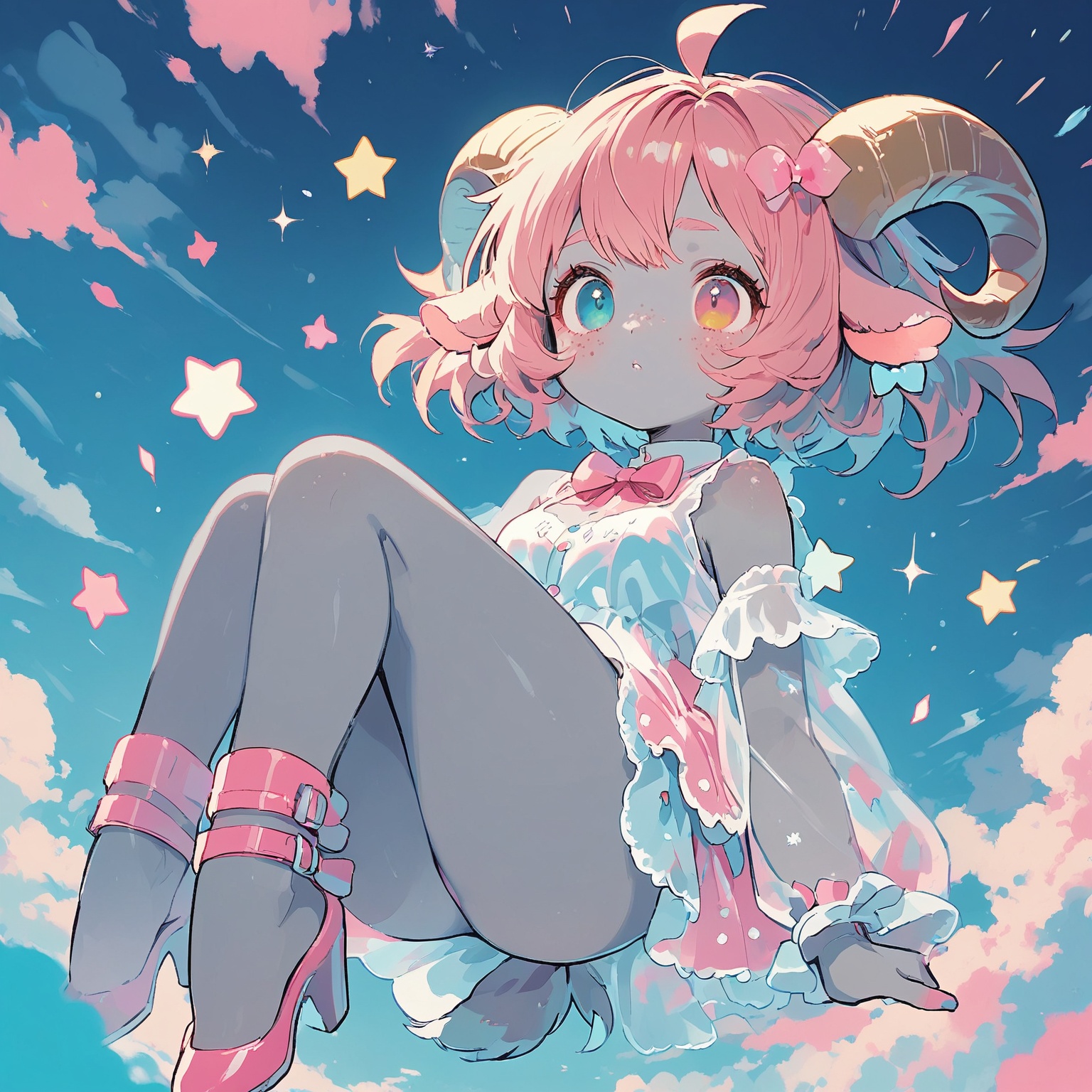 darkish gray skin covered in neon-pink freckles,  ultra-freckled complexion. Small gray skin goat ears,  small gray goat t...