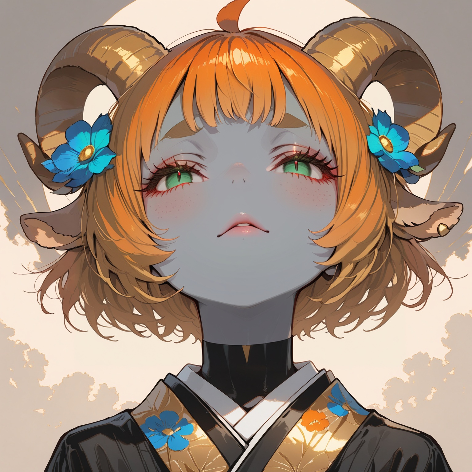 (bright orange hair),  darkish gray skin covered in neon-pink freckles,  ultra-freckled complexion. Small gray skin goat e...