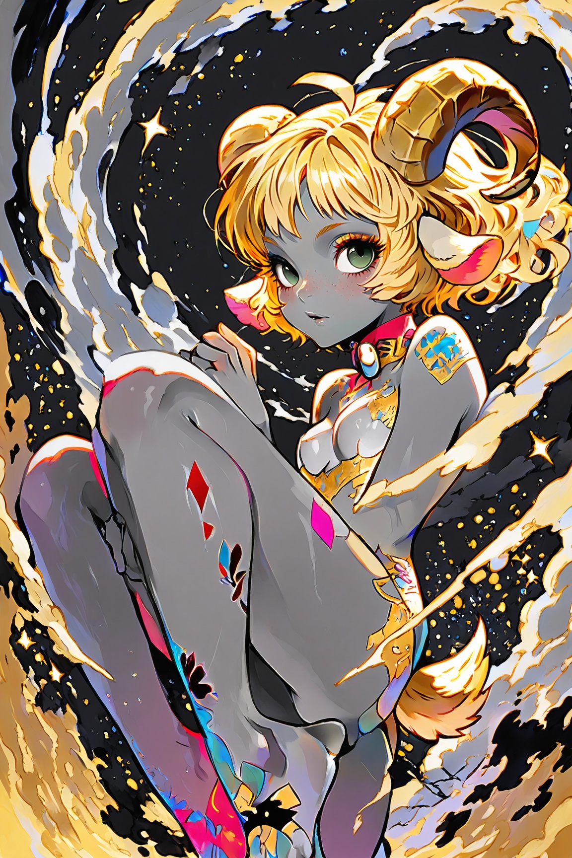 darkish gray skin covered in neon-pink freckles,  ultra-freckled complexion. Small gray skin goat ears,  small gray goat t...