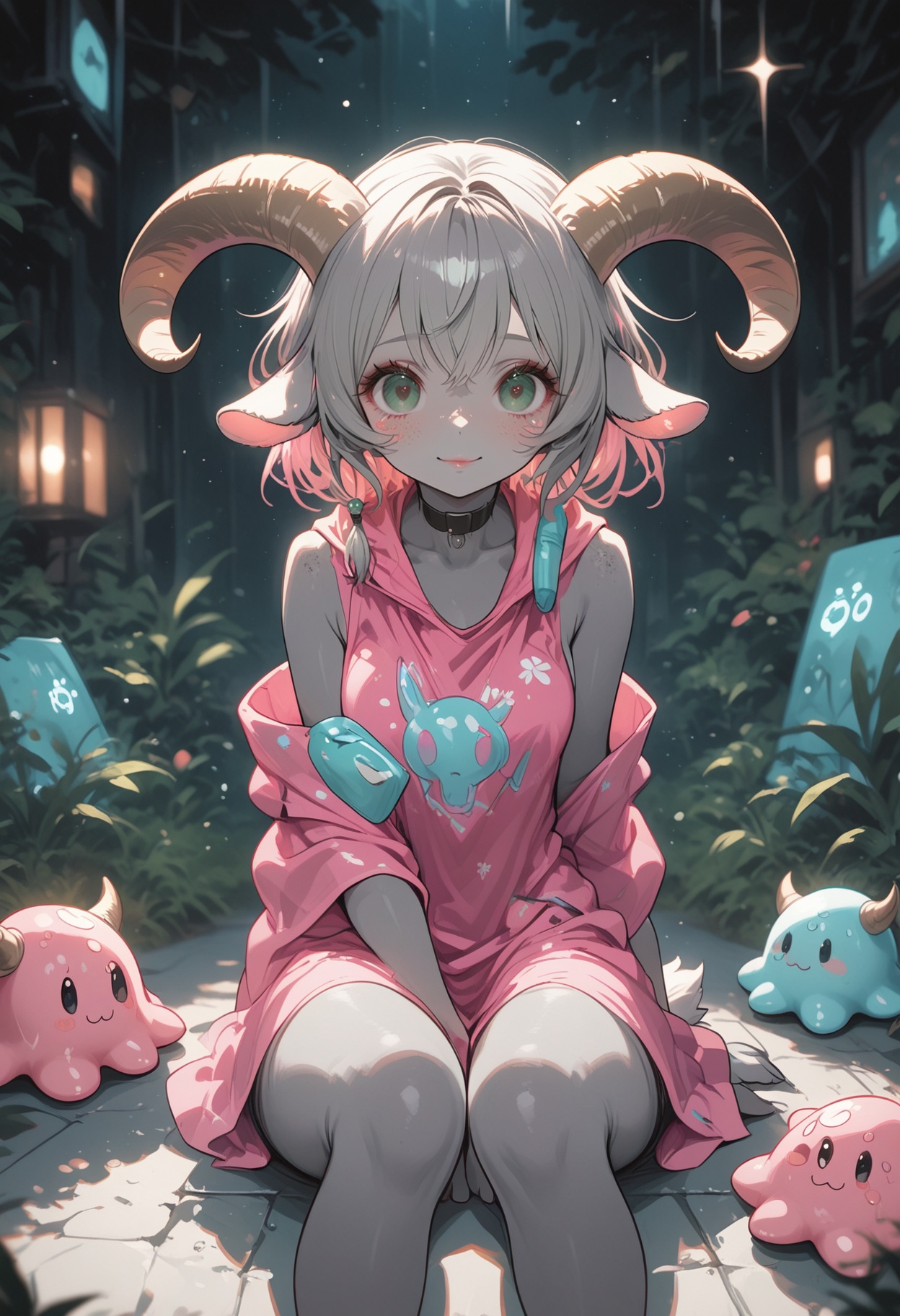 darkish gray skin covered in neon-pink freckles,  ultra-freckled complexion. Small gray skin goat ears,  small gray goat t...