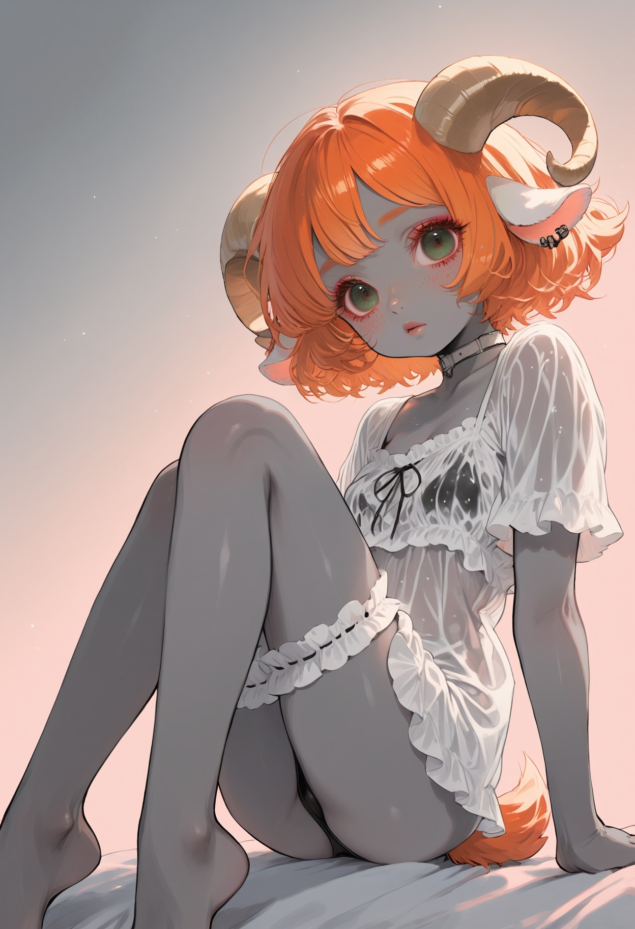 (bright orange hair),  darkish gray skin covered in neon-pink freckles,  ultra-freckled complexion. Small gray skin goat e...