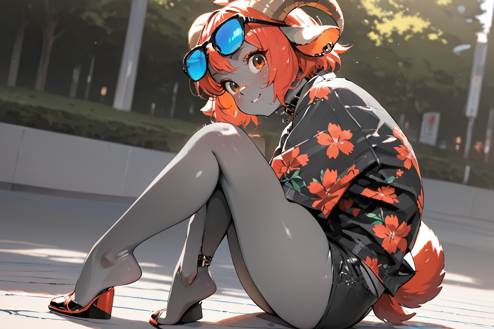 darkish gray skin covered in neon-pink freckles,  ultra-freckled complexion. Small gray skin goat ears,  small gray goat t...